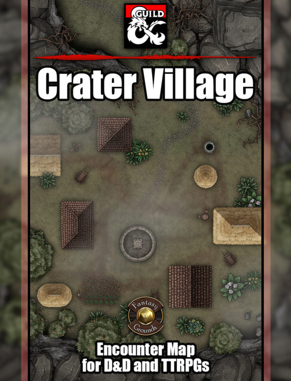 D&D battle encounter map of a small village in a crater with fantasy grounds support