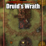Druid's Wrath battle map cover, a battle encounter map featuring a destroyed village in D&D