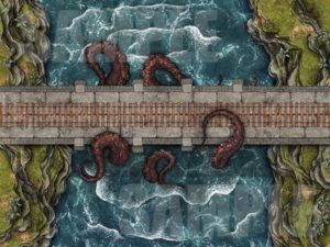 Kraken attacking a bridge battle map encounter for D&D or pathfinder