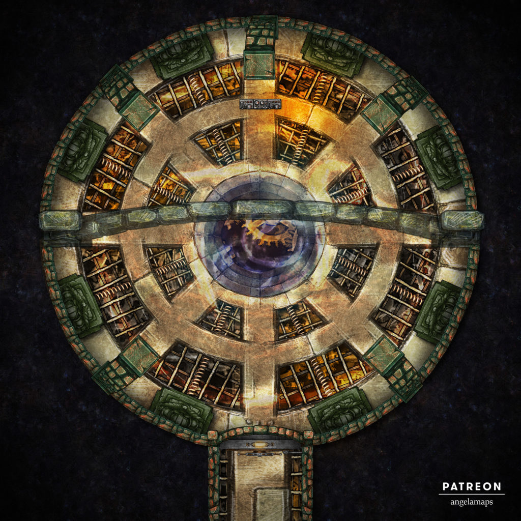 Strange steampunk room with gears and statues and control panel battle map for TTRPGs