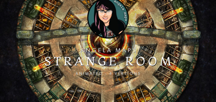 Strange steampunk room with gears and statues and control panel battle map for TTRPGs