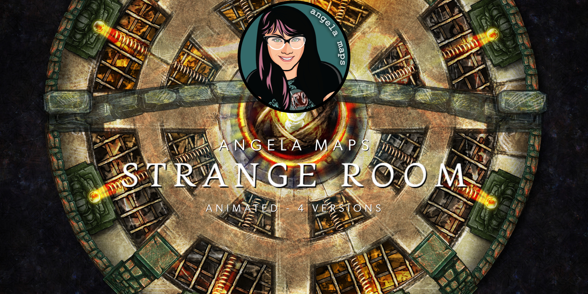 Strange steampunk room with gears and statues and control panel battle map for TTRPGs