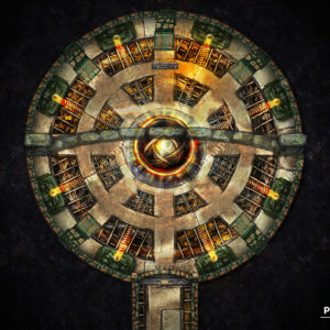 Strange steampunk battle map with glowing statues