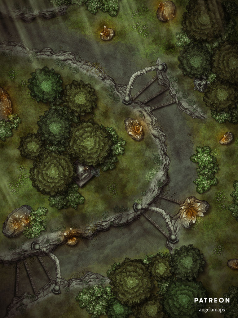 Battle map of a path through a forest lined with magic crystals 