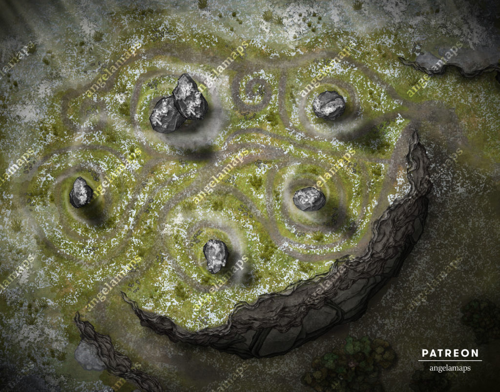 Wind stones magical battle map with the wind element dancing around etched stones. Animated. Winter Version.