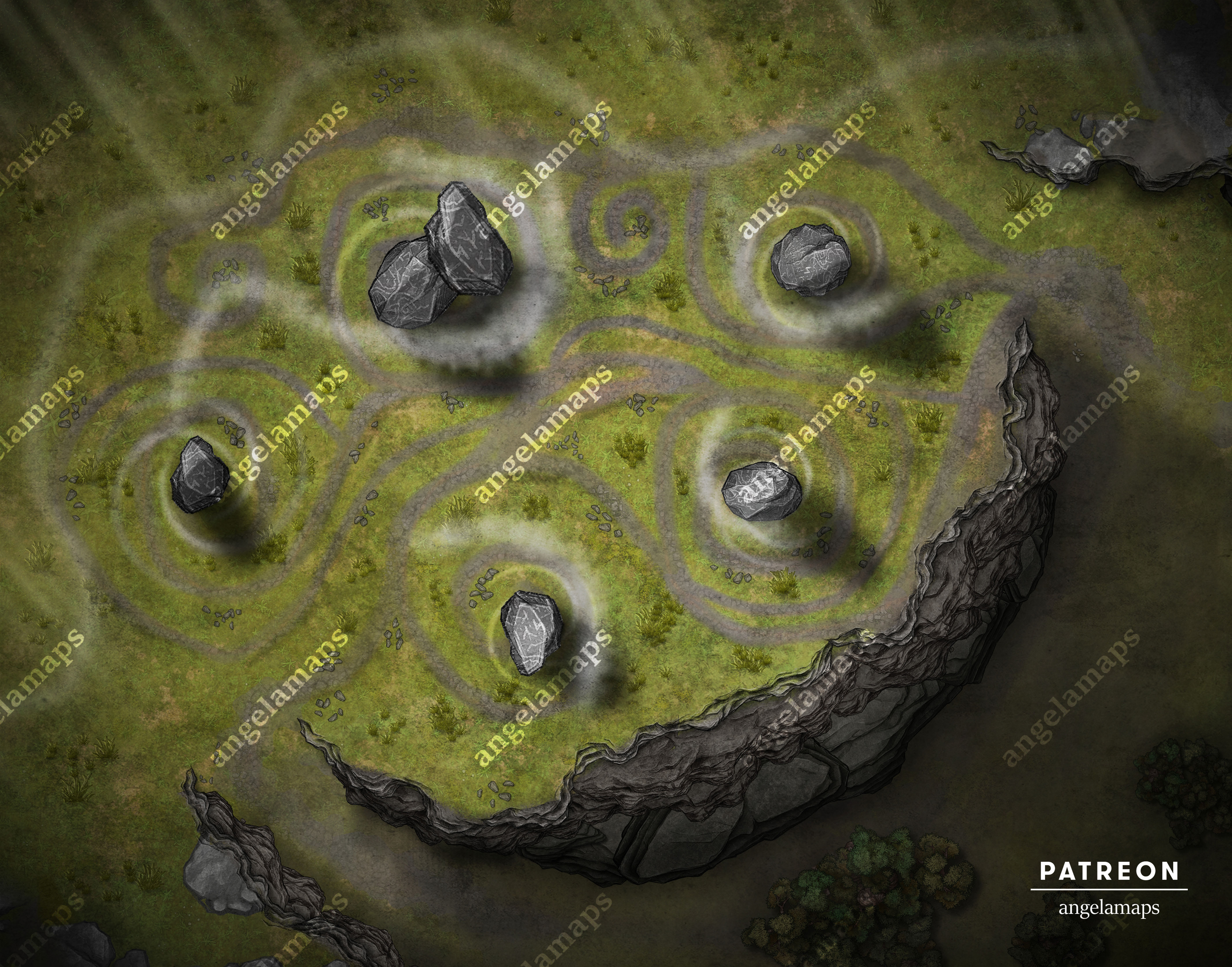 Wind stones magical battle map with the wind element dancing around etched stones.  Animated.