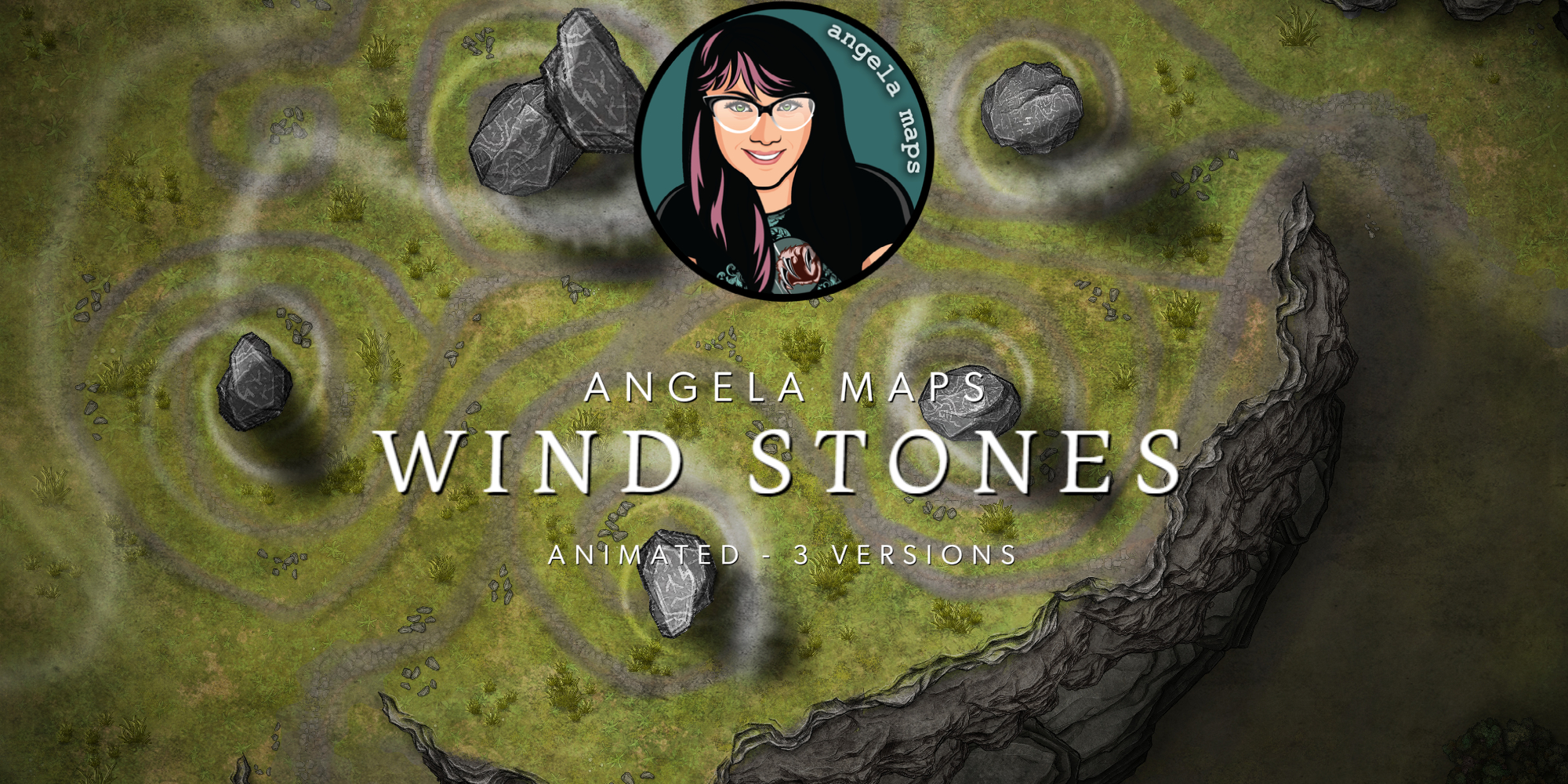 Wind stones magical battle map with the wind element dancing around etched stones. Animated.