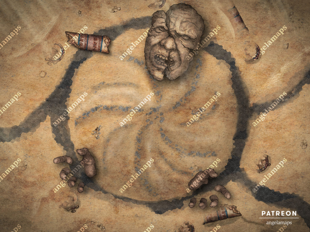 Desert battle map with ruins and a mysterious face
