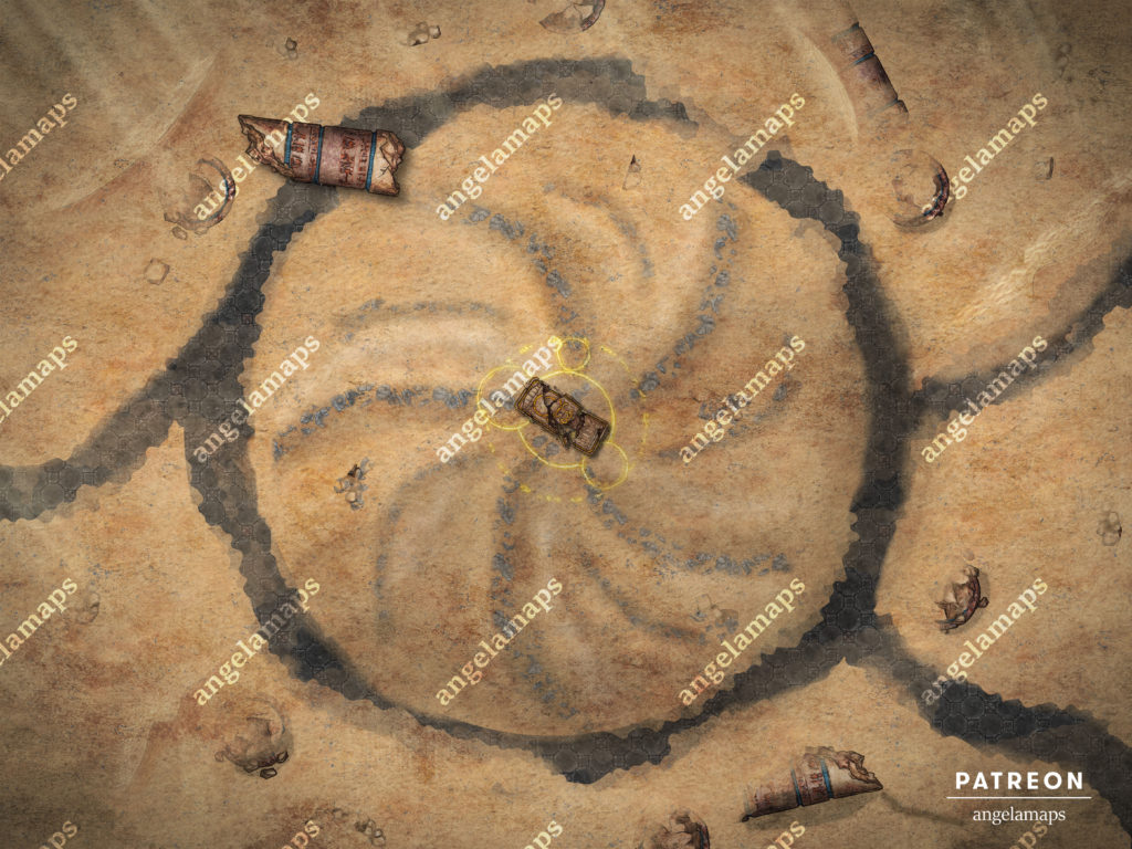 Desert battle map with ruins and a mysterious tomb