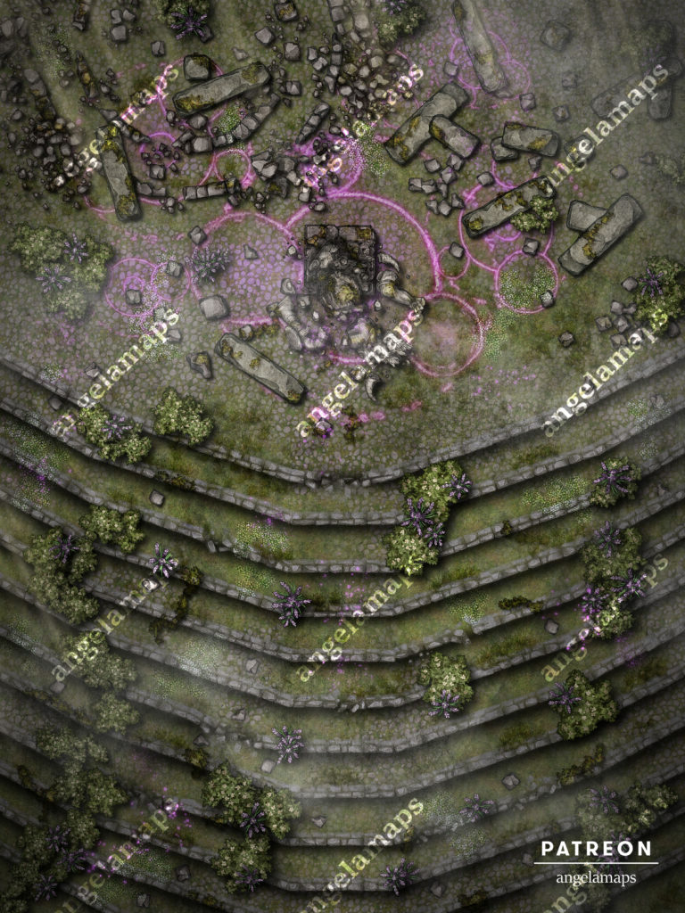 Magical ruins at the top of a large staircase going up a hill battle map
