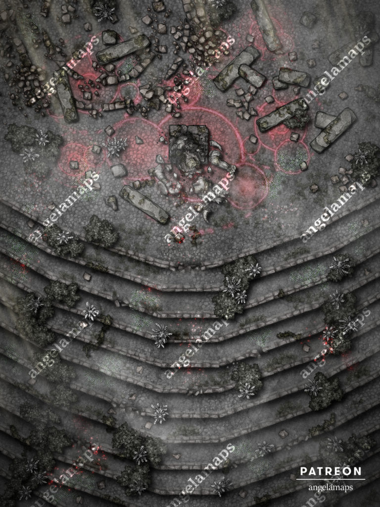 Dark ruins at the top of a large staircase going up a hill battle map