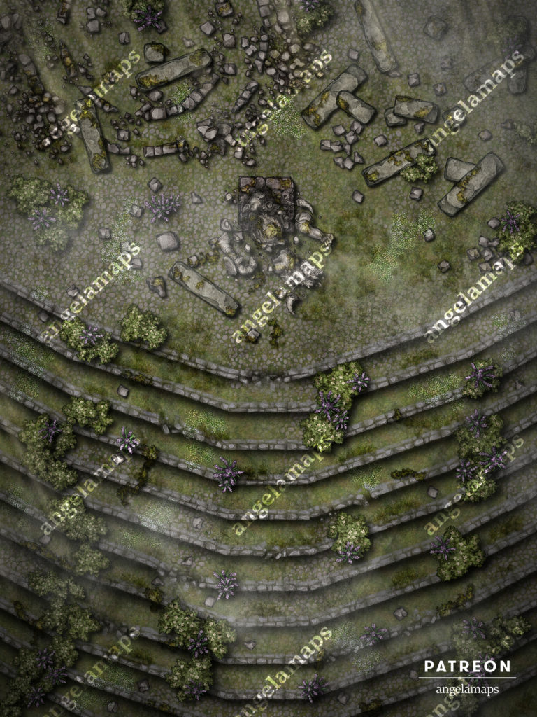Ruins at the top of a large staircase going up a hill battle map