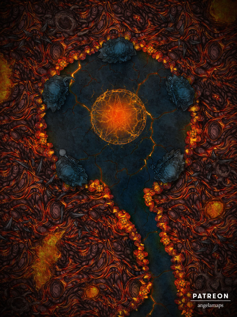Hell battle map with orange hot lava, ominous statues, and a glowing pentagram