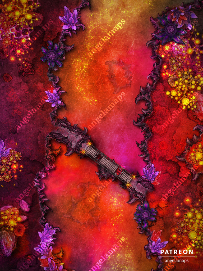 Shadowflame river battle map of a magical river lined with crystals possibly in the feywild with a broke bridge crossing