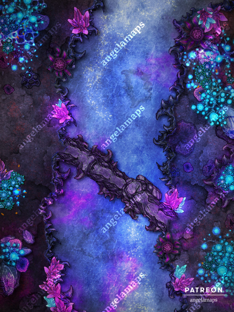 Shadowflame river battle map of a magical river lined with crystals possibly in the feywild  in an alternate color scheme 