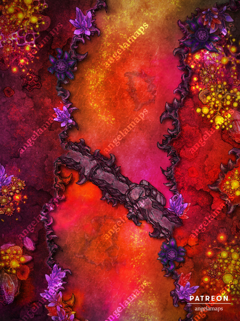 Shadowflame river battle map of a magical river lined with crystals possibly in the feywild with a narrow crossing