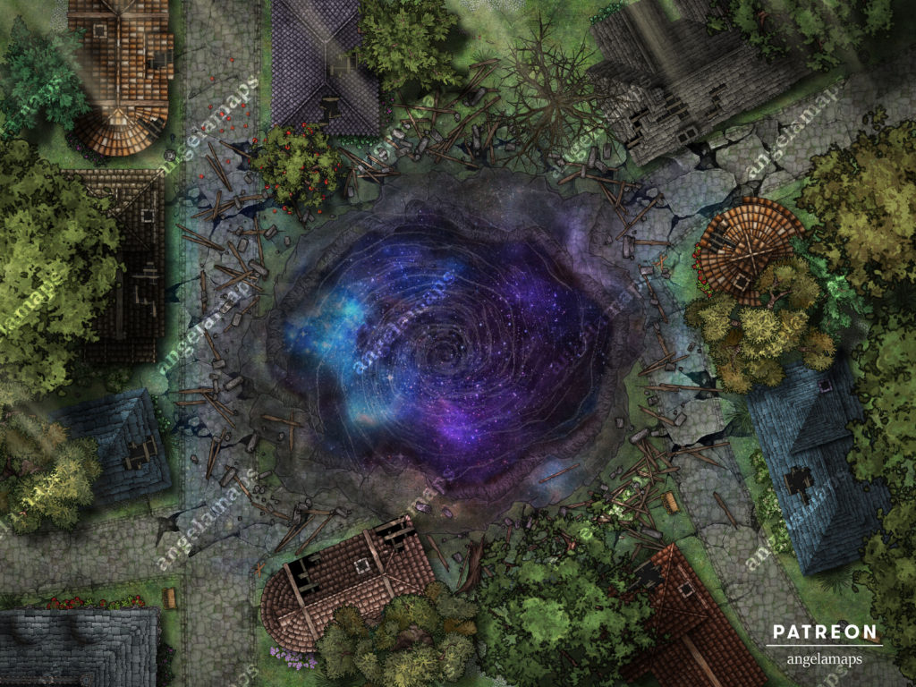 Cosmic whirlpool opens up inside a city battle map for TTRPG.  