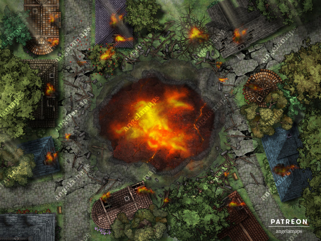 Meteor hits a city and makes a big fiery crater battle map for TTRPGs Meteor hits a city and makes a big fiery crater battle map for TTRPGs