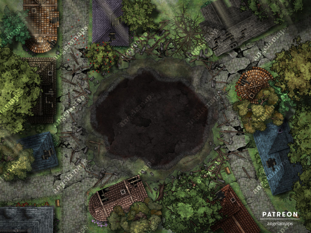 Meteor hits a city and makes a big crater battle map for TTRPGs
