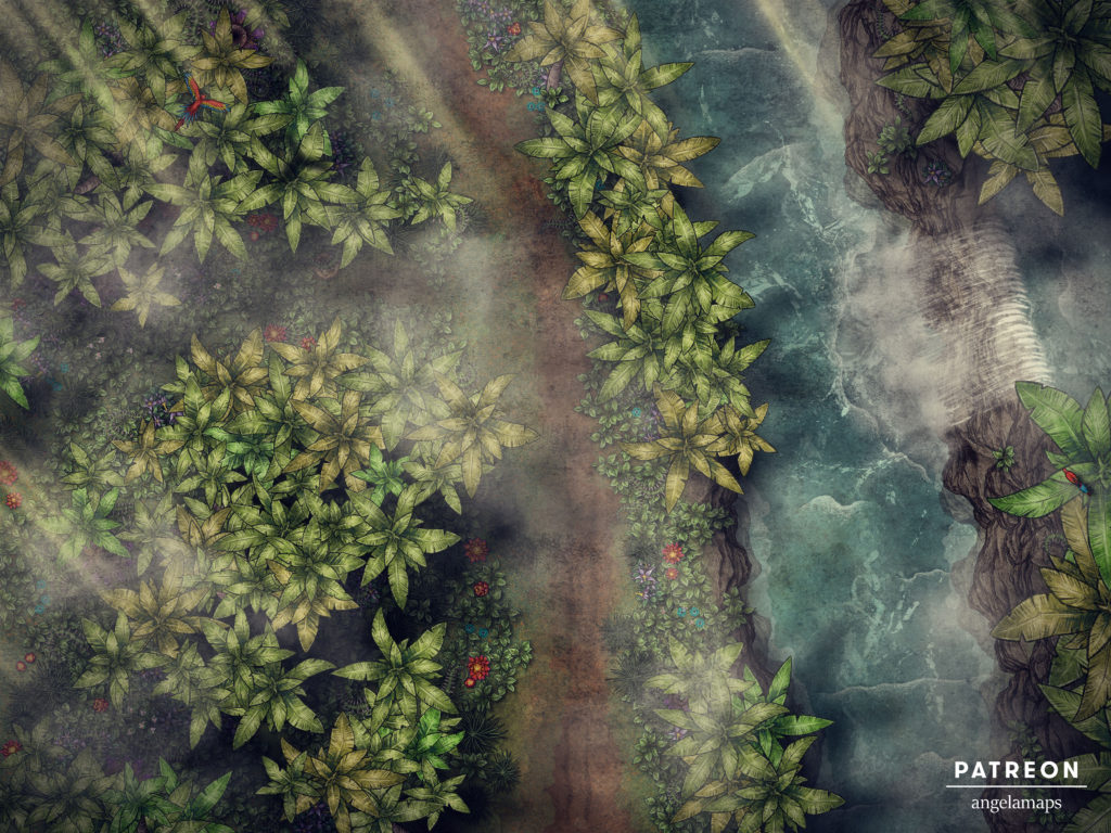 Jungle battle map with dense mist and a waterfall beside a narrow path