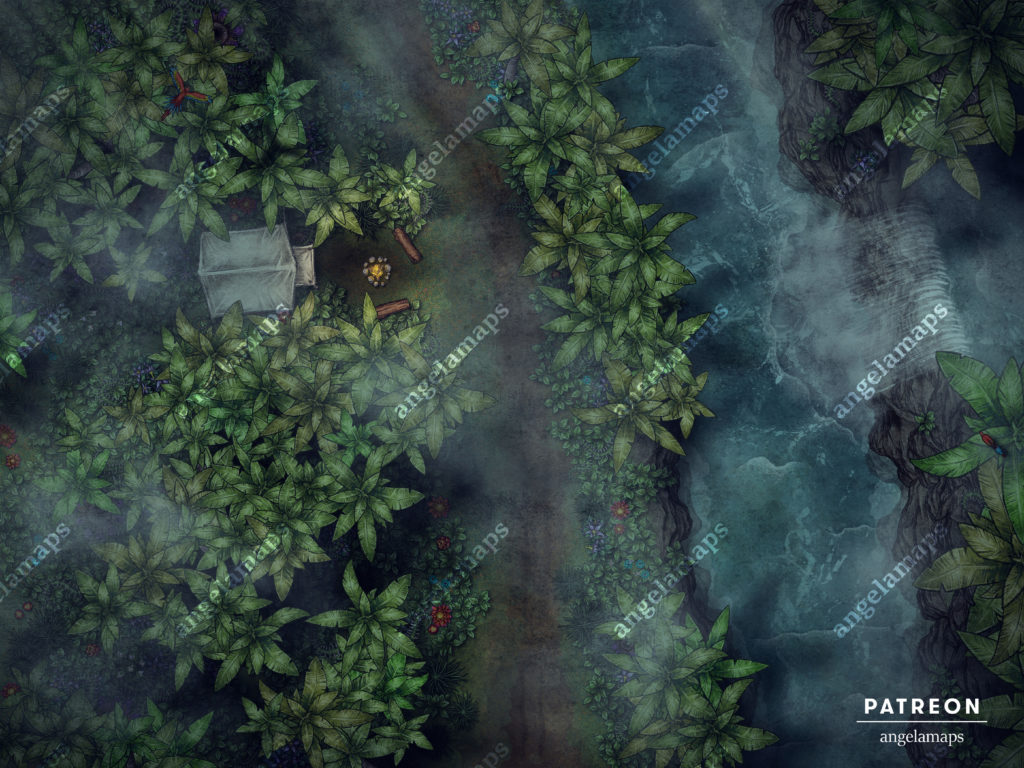 Jungle night camp battle map for TTRPGs