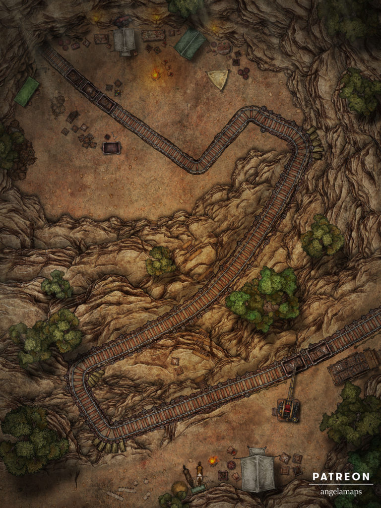 Mine entrance battle map with a mine kart and tracks