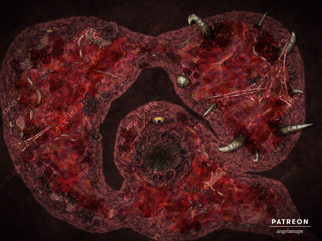 A battle map dungeon made of flesh, eyeballs and tentacles.  