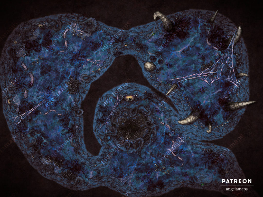 A battle map dungeon made of flesh, eyeballs and tentacles. Blue flesh version