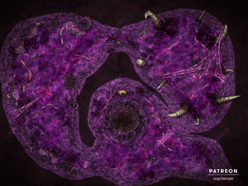 A battle map dungeon made of flesh, eyeballs and tentacles.  Purple Flesh Version 
