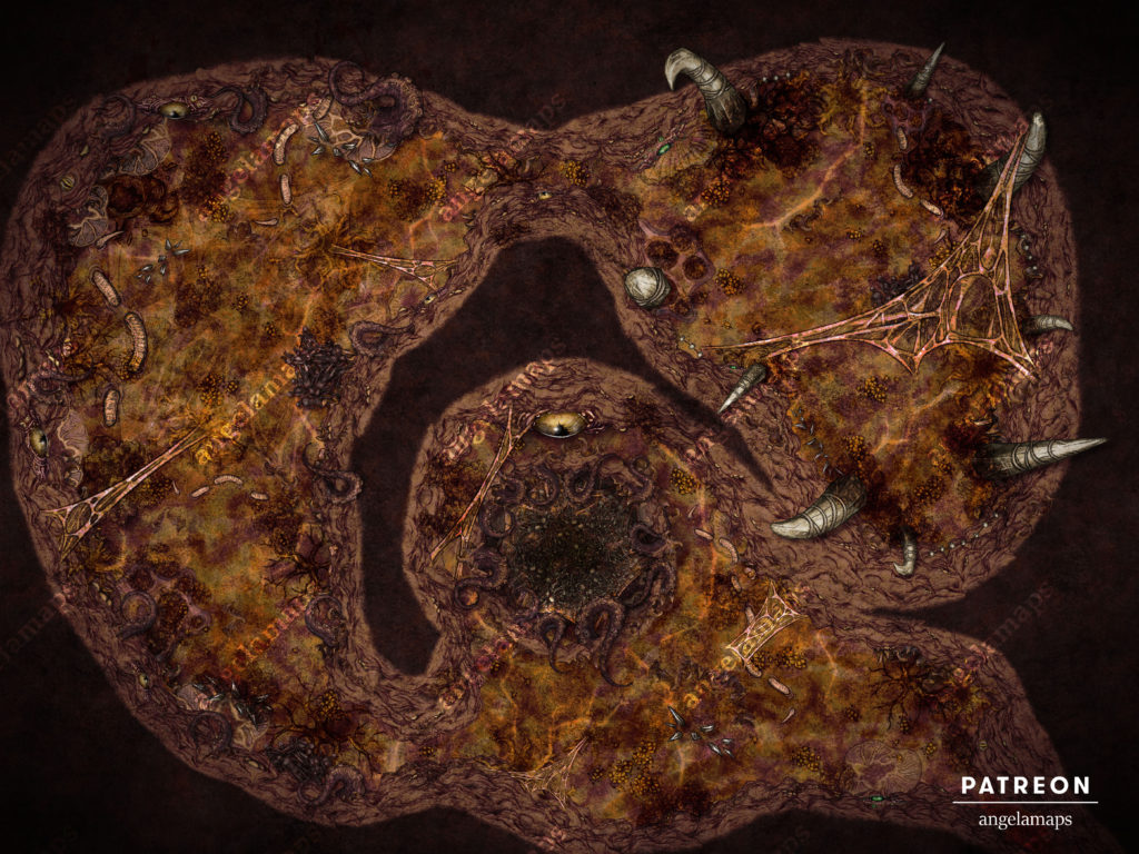 A battle map dungeon made of flesh, eyeballs and tentacles. Sick diseased flesh version