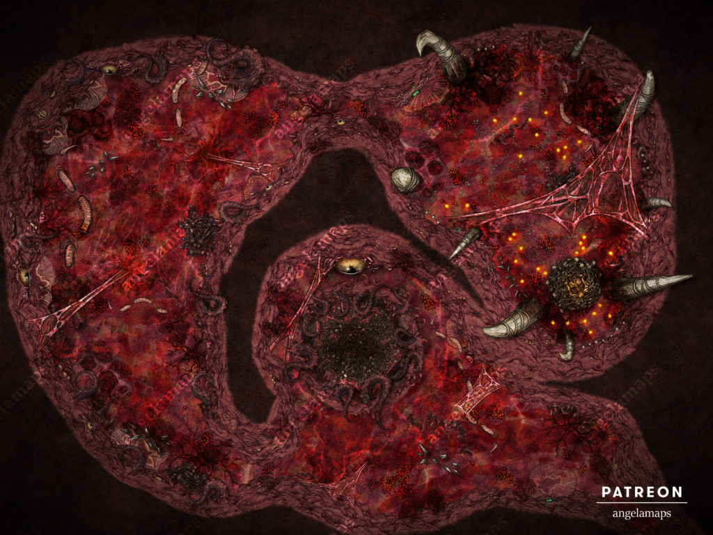 A battle map dungeon made of flesh, eyeballs and tentacles. Skeletal throne version