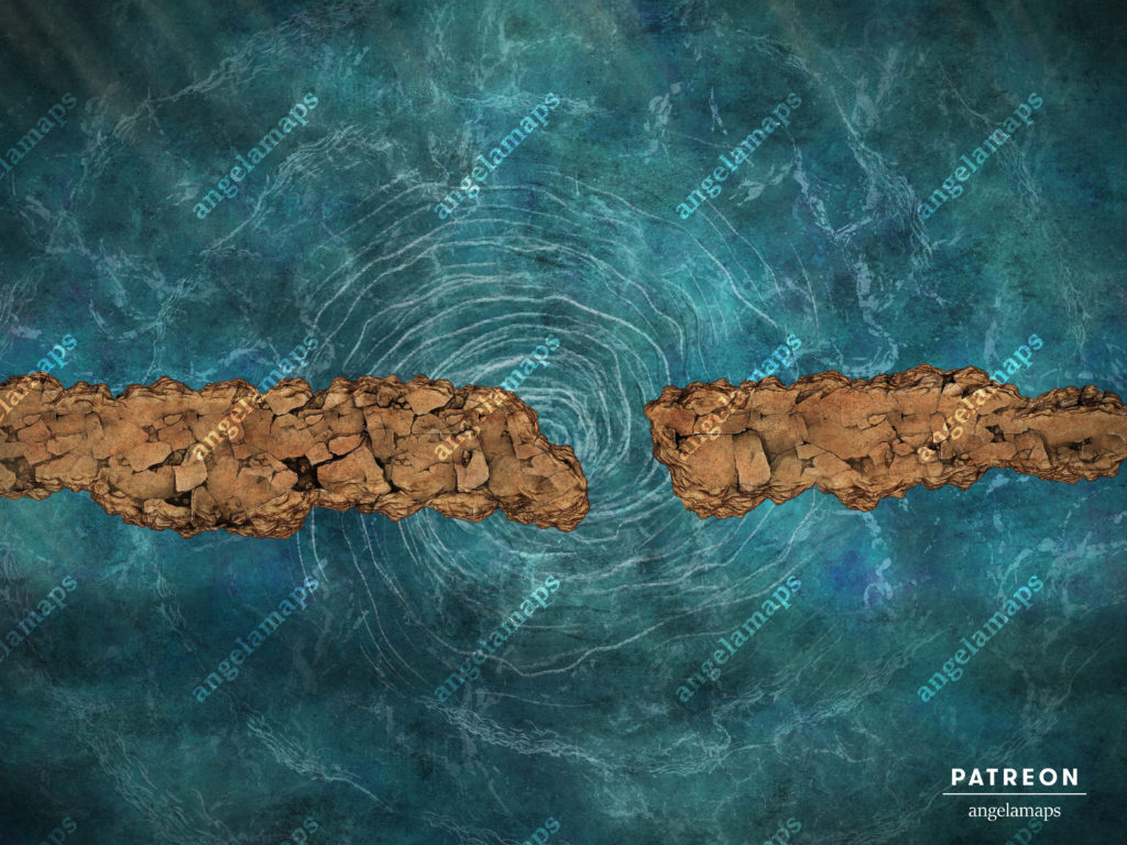 Dangerous crumbling path above a dangerous whirlpool - TTRPG battle map by Angela Maps