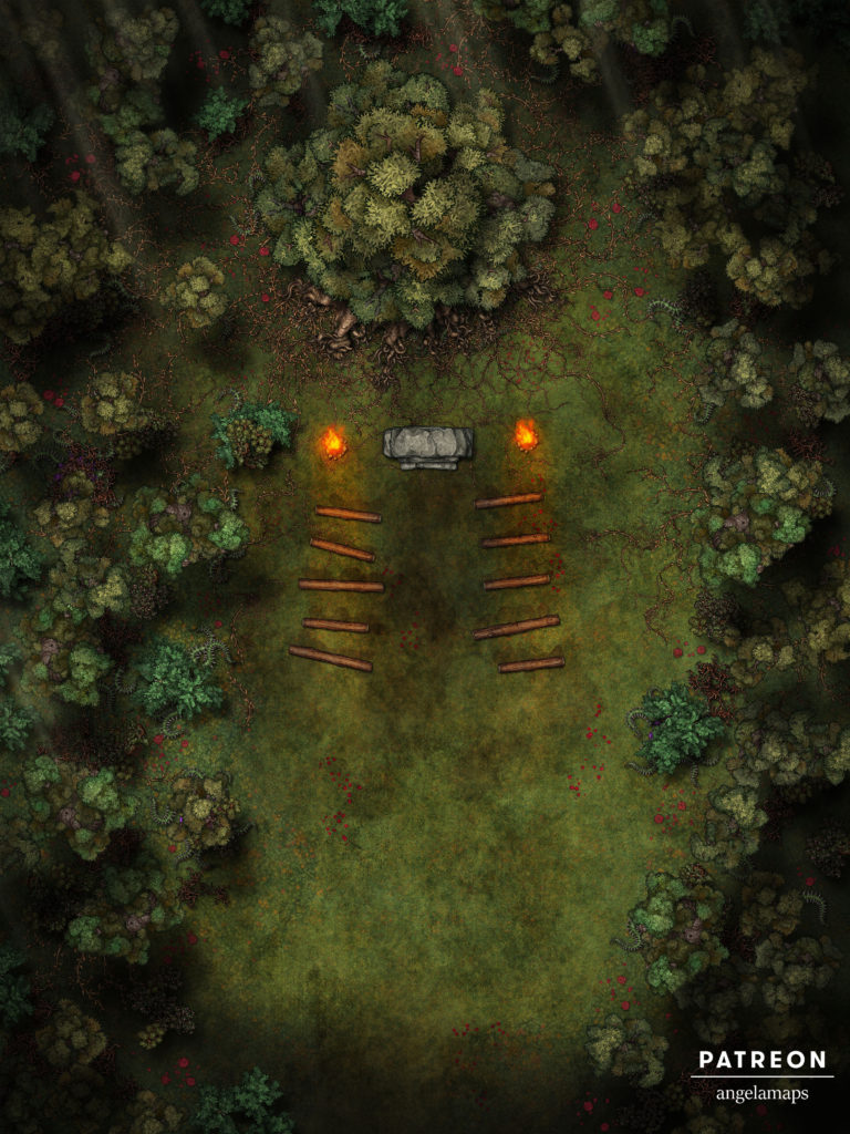 Druid alter in a dark forest but a large tree battle map