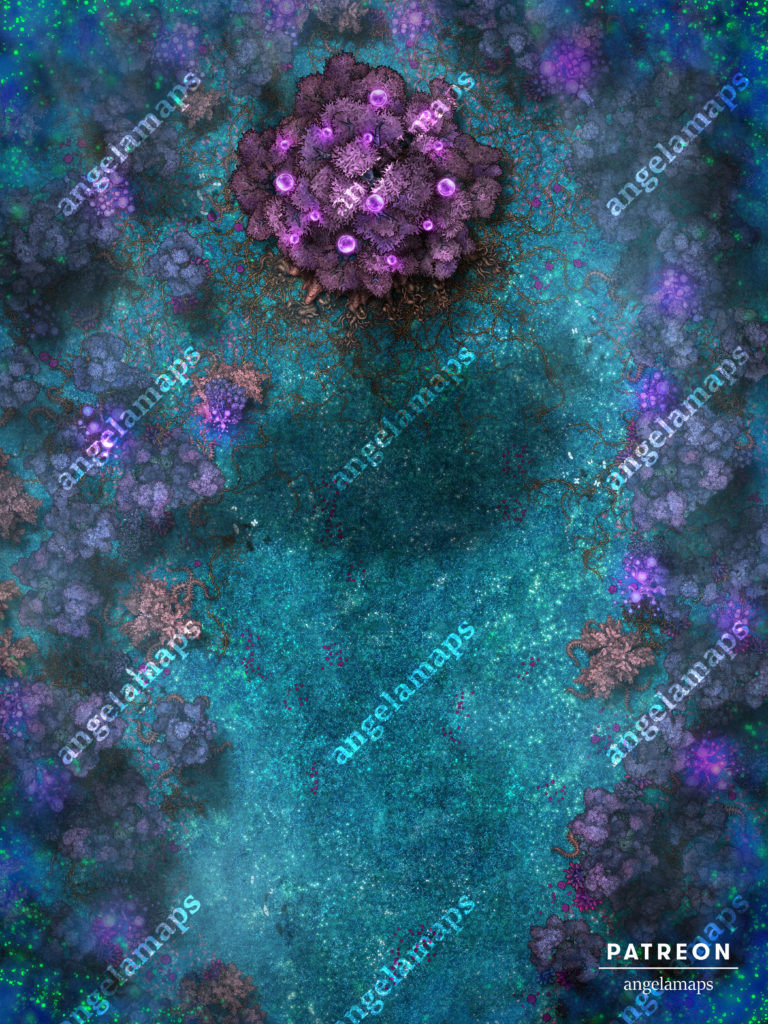 Large tree in a clearing in a feywild forest, battle map from Angela Maps