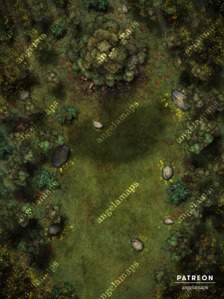 Large tree in a forest clearing filled with magical stones, battle map from Angela Maps