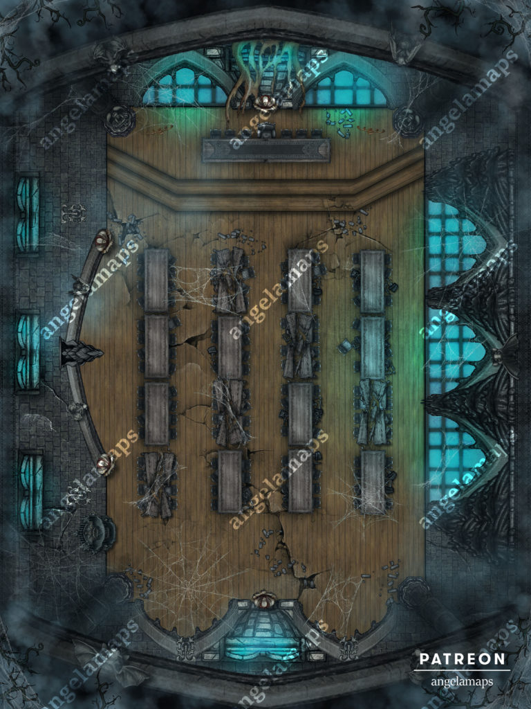 Creepy spooky abandoned banquet hall battle map for ttrpgs
