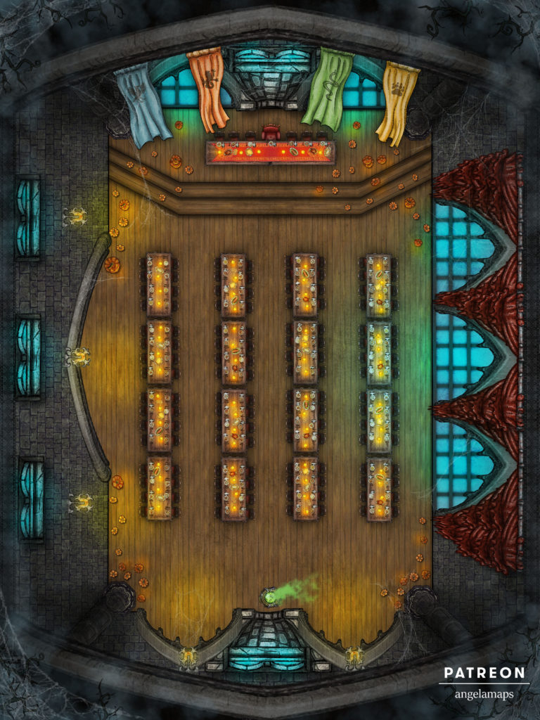 Wizard school dining room battle map for D&D with Halloween theme