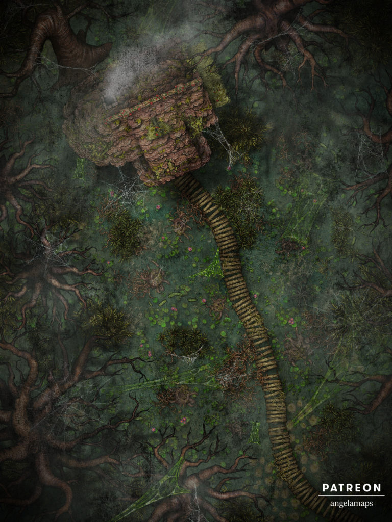 Hag Hut in a swamp battle map for TTRPGs like D&D or Pathfinder