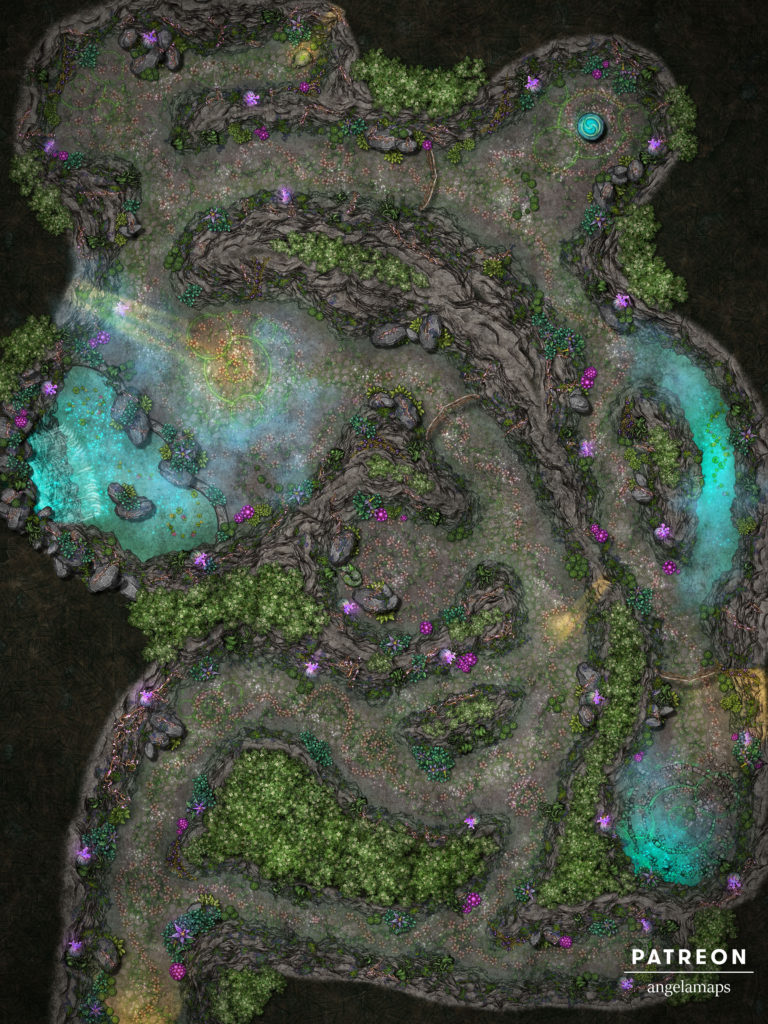 Druid cave beautiful life filled battle map for TTRPGs