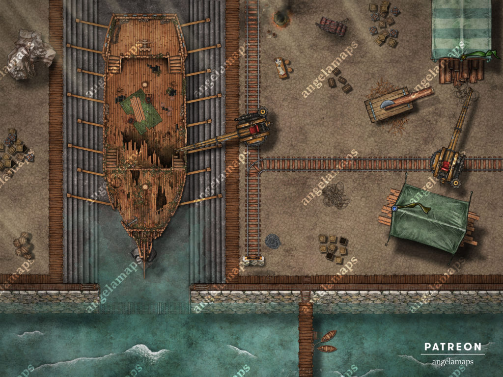 Ship being repaired - docks battle map for ttrpgs