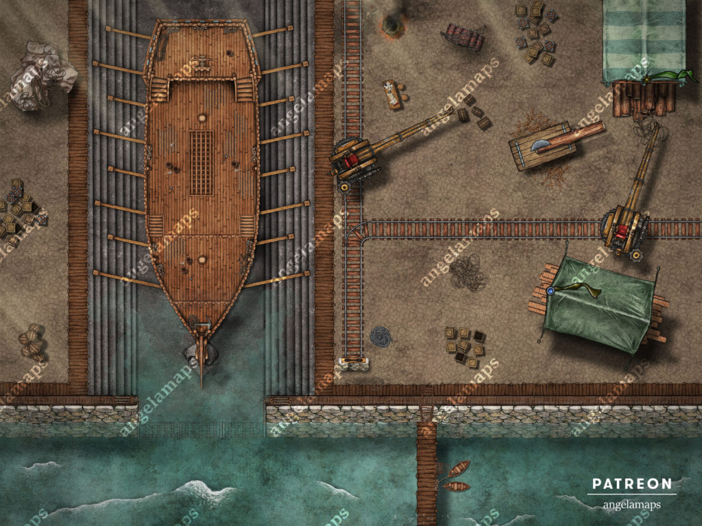 Ship being repaired - docks battle map for ttrpgs